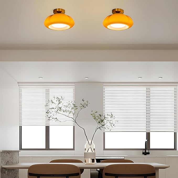 Bofea-Mid Century Modern Orange Milk Glass Ceiling Light,Vintage Gold Semi Flush Mount Ceiling Light with Orange Glass,11.8 in Small Hallway Lights,Farmhouse Semi Flush Lights for Bedroom,Foyer