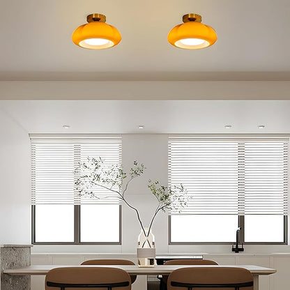 Bofea-Mid Century Modern Orange Milk Glass Ceiling Light,Vintage Gold Semi Flush Mount Ceiling Light with Orange Glass,11.8 in Small Hallway Lights,Farmhouse Semi Flush Lights for Bedroom,Foyer