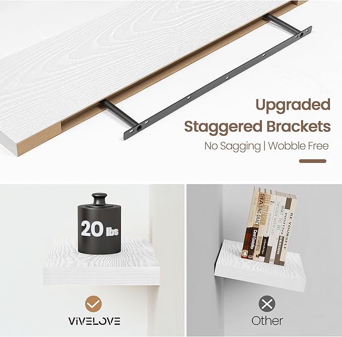 Vivelove White Floating Shelves, 16 Inch Wall Display Shelves for Bathroom Living Room Kitchen Bedroom Office Farmhouse Home Decor, 16" X 9.3" X 1.5" - Set of 2, White