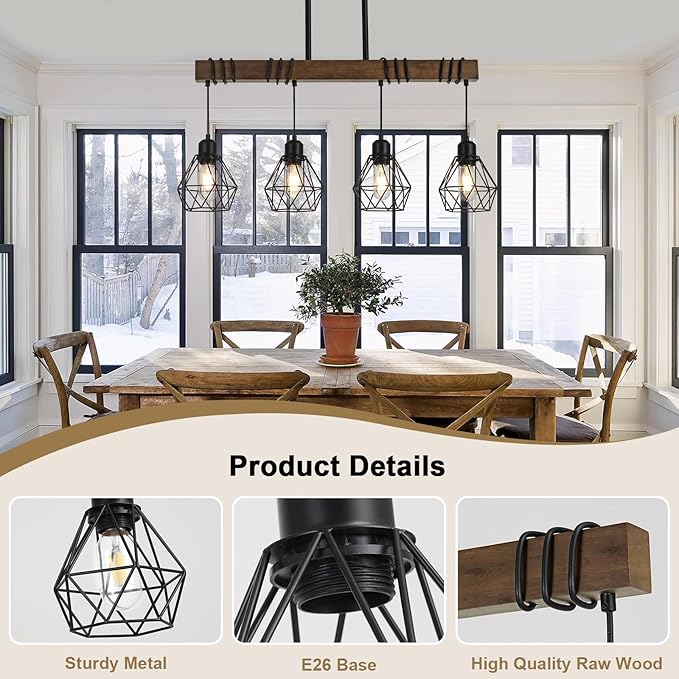29.5 ‘’ 4-Light Kitchen Chandeliers Over Table, Farmhouse Black Dining Room Light Fixture, Linear Rustic Wood Ceiling Pendant Island Light Fixtures with Metal Lampshade, Height Adjustable