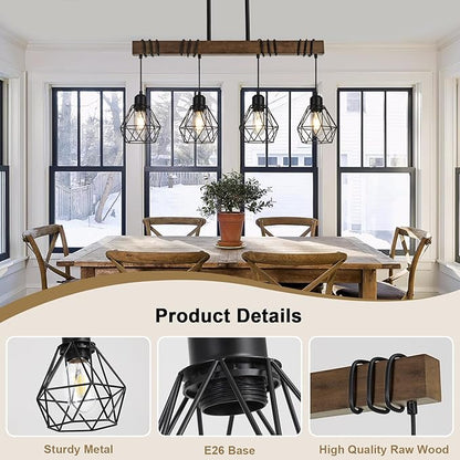 29.5 ‘’ 4-Light Kitchen Chandeliers Over Table, Farmhouse Black Dining Room Light Fixture, Linear Rustic Wood Ceiling Pendant Island Light Fixtures with Metal Lampshade, Height Adjustable
