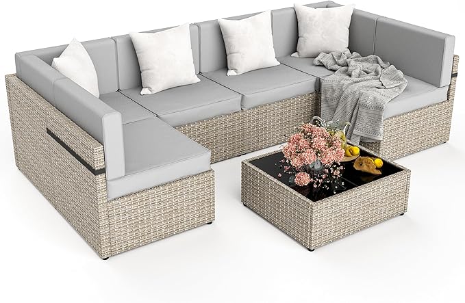 Pamapic 7 Piece Outdoor Sectional Furniture Set, All-Weather Wicker Patio Furniture with Washable Cushions, Waterproof Gray Rattan Conversation Sofa Set for Backyard, Poolside, Garden