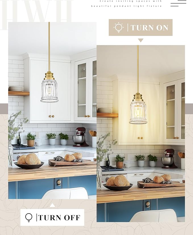 HWH Modern Hanging Pendant Lights, Brushed Gold Pendant Light with Bell-Shaped Fluted Clear Glass, Hanging Light Fixture Adjustable for Kitchen, 5HZG106MIL-L BG