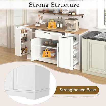 Sideboard Buffet Cabinet with 3-Tier Pull-Out Rack, Multi-Functional Kitchen Island with Adjustable Shelves and Drawers, Wood Buffet Table for Kitchen, Dining Room, Living Room, White