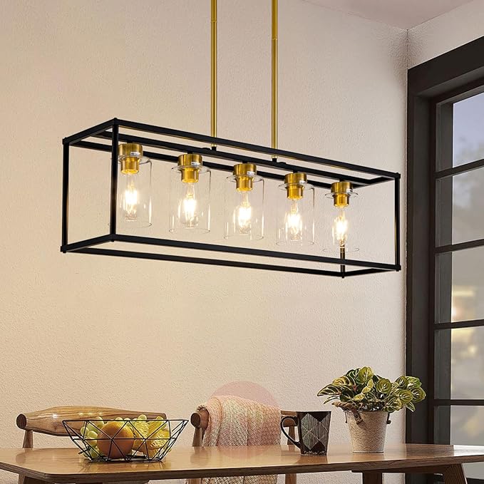 5 Light Dining Room Light Fixture Modern Farmhouse Chandeliers Over Table Black & Brushed Brass Gold Rectangular Pendent Lighting for Kitchen with Glass Shade Hanging Industrial Ceiling Light