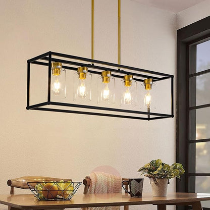 5 Light Dining Room Light Fixture Modern Farmhouse Chandeliers Over Table Black & Brushed Brass Gold Rectangular Pendent Lighting for Kitchen with Glass Shade Hanging Industrial Ceiling Light