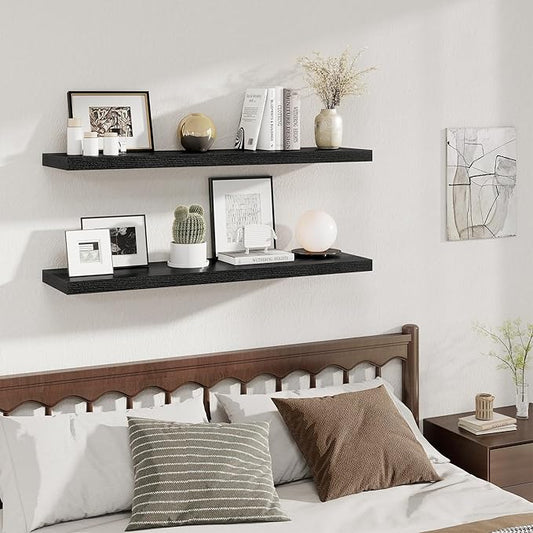 Fun Memories 12 Deep Floating Shelves for Wall, 48W x 12D Extra Large Floating Shelves Set of 2, Hanging Wood Wall Shelves for Living Room, Kitchen, Bedroom, Farmhouse, Laundry Room, Office - Black