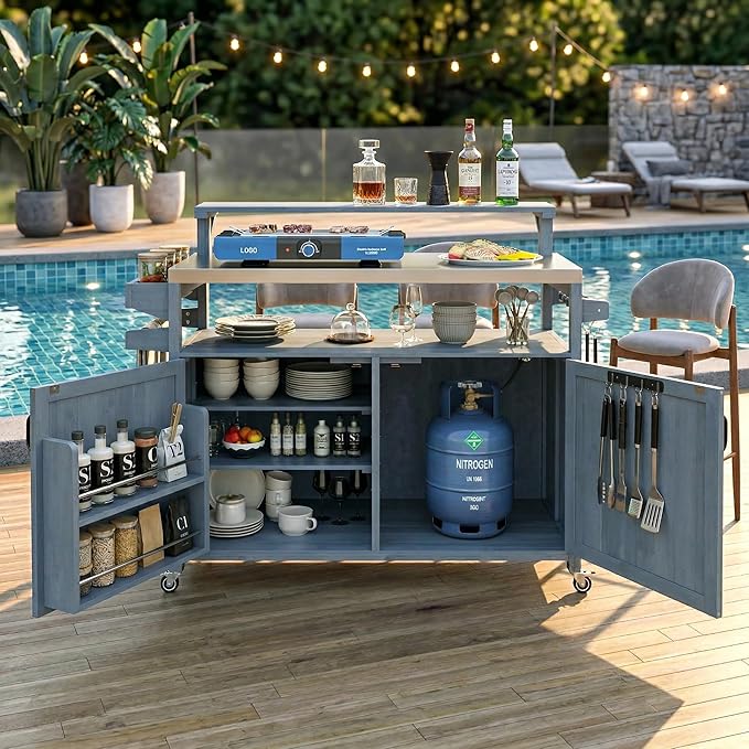 Casaphoria 53.3" Outdoor Kitchen BBQ Grill Cart, 100% Fir Wood Bar Cart Pizza Oven Table with Stainless Steel Countertop, Raised Worktop, Hooks, Adjustable Shelves Outdoor Kitchen Island,Blue