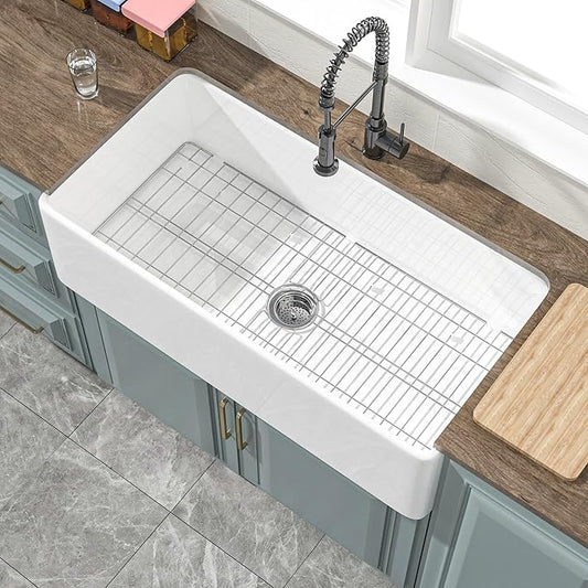Extra Large White Farmhouse Sink 36 x 18 Inch, Firecaly Apron Front Undermount Farm Kitchen Sink Single Bowl for Kitchen, w Accessories 2 Types, Fits MIN. Cabinet Size: 21"Dx39"W