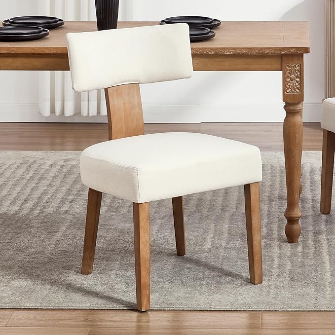 Mid Century Modern Dining Chairs, Upholstered Linen Fabric Chairs with Curved Backrest and Wood Legs, Comfy Kitchen Vanity Chair for Dining Room/Living Room/Kitchen, Set of 4 Beige