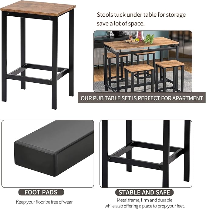 Solid Wood 4-Piece Kitchen DIng Table Set, Counter Height Bar Table Set with 3 Stools and Storage Shelves, Perfect for Home, Kitchen, Living Room (Brown-1)