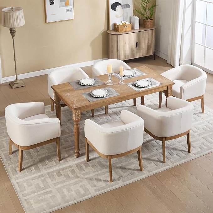 Barrel Dining Chairs Set of 6, Mid Century Modern Farmhouse Kitchen Chairs with Wood Legs, Linen Upholstered Accent Chair with Arms for Living Room/Bedroom, Beige