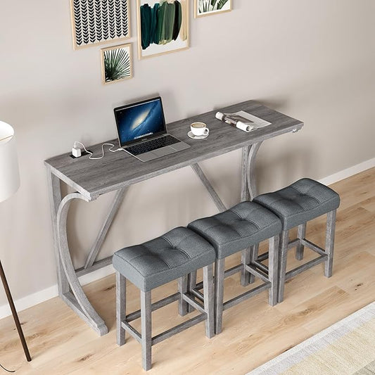 Polibi 4-Piece Farmhouse Counter Height Dining Set, Bar Table and Chairs Set, Wood Dining Table Set with Power Outlet and 3 Upholstered Stools for Breakfast Nook, Living Room, Grey