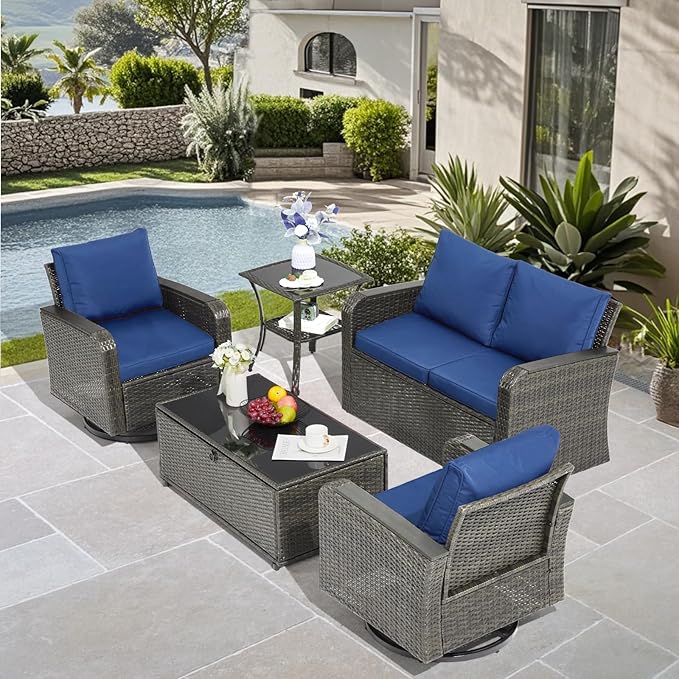 5 Pieces Outdoor Furniture Set with Swivel Chairs, Wicker Patio Furniture for Porch Deck Bistro Lawn Garden Backyard Poolside（Blue）