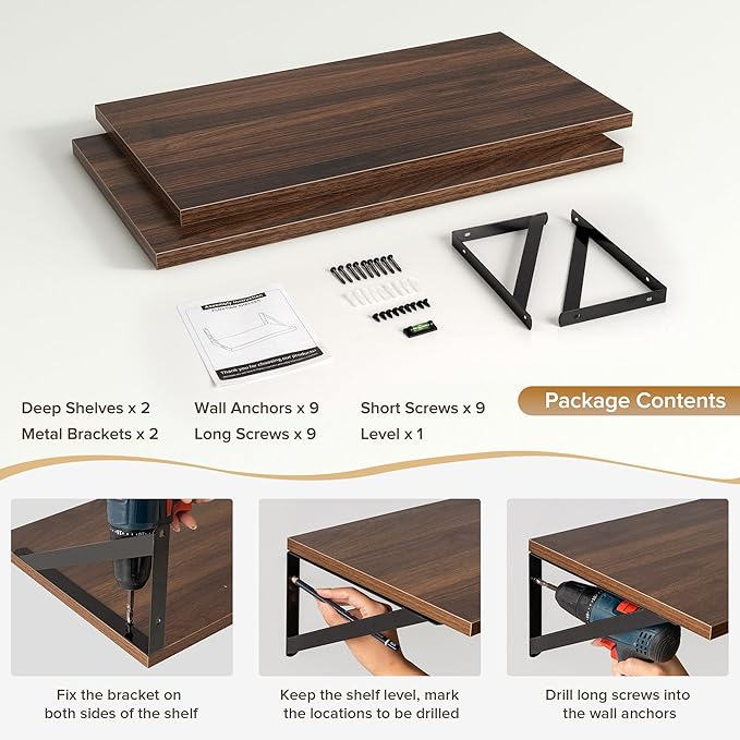Acovy Deep Floating Shelves Wall Mounted, 24"x12" Walnut Wall Shelves with Brackets Set of 2 for Bedroom, Living Room, Bathroom, Kitchen, Office - Storage & Display Shelf for Decor, Books, Plants