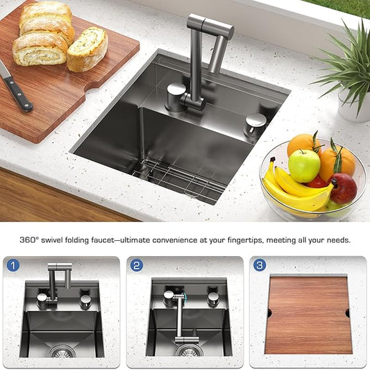 Outdoor Kitchen Sink 15x18 Inch with Foldable Faucet, Nano Silver 16 Gauge Stainless Steel Undermount Workstation Sink with Cutting Board Cover, Bottom Grid & Drain Kit