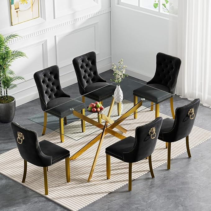60" Rectangle Dining Table for 6 5 4 People, Modern Dining Table with Gold Chrome Metal X-Shaped Legs, Large Glass Kitchen Tables Family Dinner Tables for Home Office Living Room