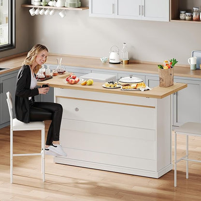 Kitchen Island with Seating, Rolling Kitchen Islands with Storage, 55" W Large Island Table, Breakfast Bar Counter with Drop Leaf, Trash Can Cabinet, Power Outlet for Dining Room, White