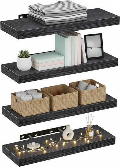 Lufia Floating Wall Shelves, Set of 4, MDF with Invisible Brackets, Modern Storage for Bedroom, Bathroom, Living Room, Kitchen (Black, 15.8" W x 5.5" D x 1.2" H)