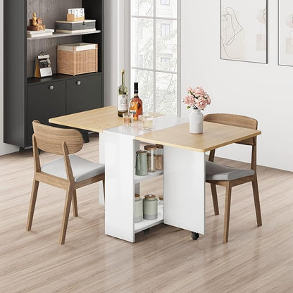 IDEALHOUSE FoldingTable, Drop Leaf Dining Table with 6 Wheels and 2-Layer Storage Shelf, Space Saving Table for Small Spaces (Natural Wood, 47.2" D x 23.6" W x 29.5" H)