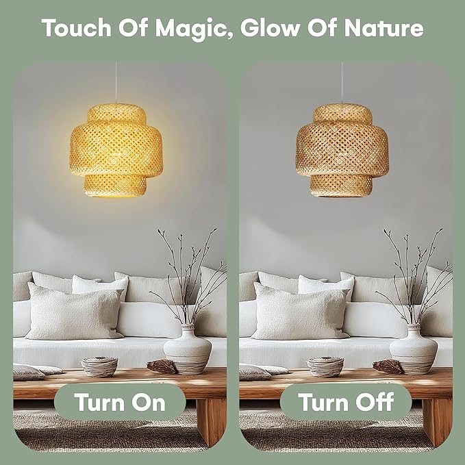Hand Woven Rattan Lamp Shade - Bamboo Pendant Lights - Elegant Hanging Light Chandelier - Natural Boho Lighting Fixture - Dome Lamp Shade for Kitchen Island, Dining and Living Room - 14.96x15.71''