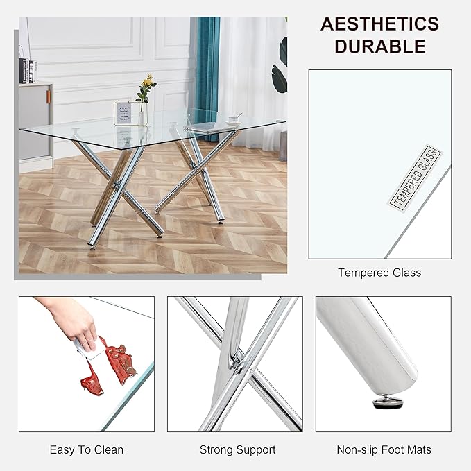 71” Rectangle Dining Table, Large Modern Dining Table for 6–8 People with 0.4" Thickened Tempered Glass Top, Glass Kitchen Table with Silver Metal Legs for Dining Room