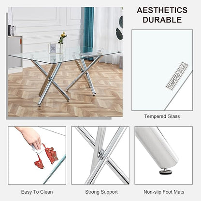 71” Rectangle Dining Table, Large Modern Dining Table for 6–8 People with 0.4" Thickened Tempered Glass Top, Glass Kitchen Table with Silver Metal Legs for Dining Room