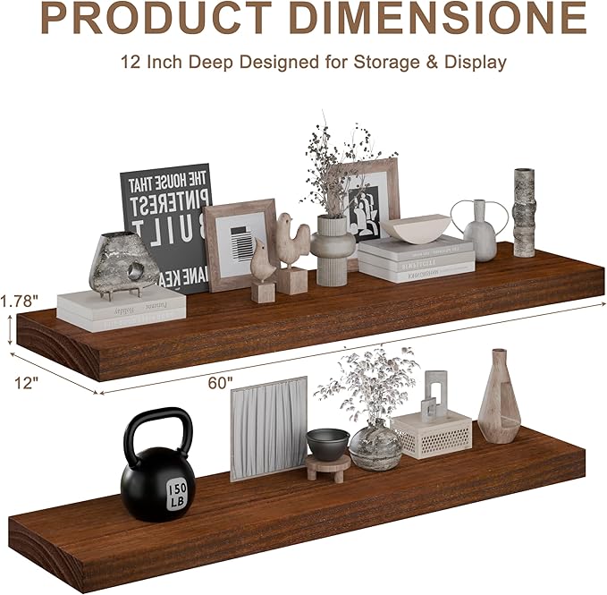 60x12 Inch Floating Shelves for Wall, Set of 2 Solid Wood Wall Shelves, Extra Long Heavy Duty Wall Mount Shelf for Living Room & Kitchen, Large Walnut Floating Shelves