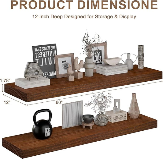 60x12 Inch Floating Shelves for Wall, Set of 2 Solid Wood Wall Shelves, Extra Long Heavy Duty Wall Mount Shelf for Living Room & Kitchen, Large Walnut Floating Shelves