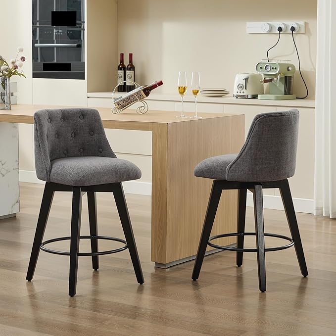 25" Swivel Bar Stools Set of 2-Modern Counter Height Chairs with Linen Upholstery&Button Tufted Back, Solid Wood Frame Barstools for Kitchen Island,for Living Room