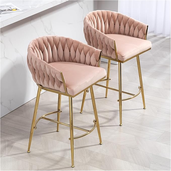 26'' Counter Height bar stools Set of 2 Kitchen Island Counter bar Stool with Hand- Wave Back, Golden Chromed Base and footrest,for Living Room