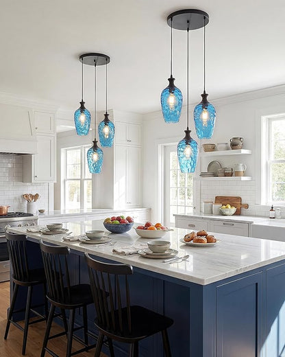 3-Light Pendant Lighting, Black Dining Room Chandelier Light Fixture Over Table with Blue Hammered Glass, Modern Cluster Hanging Lights for Kitchen Island Sink, E26