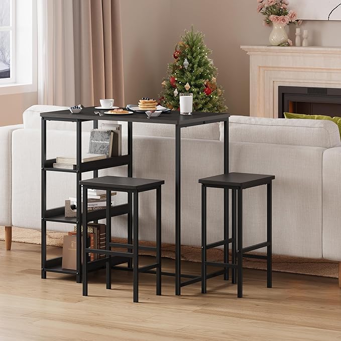 IDEALHOUSE 36" Counter Height Dining Table Set for 2 with Bar Stools and Storage Shelves, Space-Saving Kitchen Table for Small Space, Apartment, Studio, Black