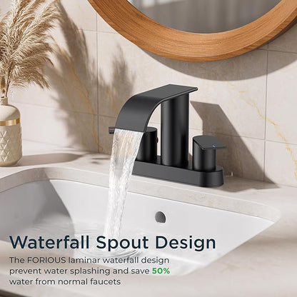 FORIOUS Matte Black Bathroom Faucets, Waterfall 4 Inch Centerset Bathroom Sink Faucet with Metal Pop up Drain and cUPC Hose for Basin, Vanity, RV, Pedestal 2 or 3 Hole Sink, 2 Pack