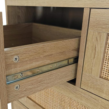 GDFStudio 31.5" Rattan Storage Cabinet with 4 Drawers, Modern Farmhouse Sideboard Buffet Cabinet, Wood Credenza Console Table for Living Room Dining Room Kitchen Hallway, Easy Assembly, Natural