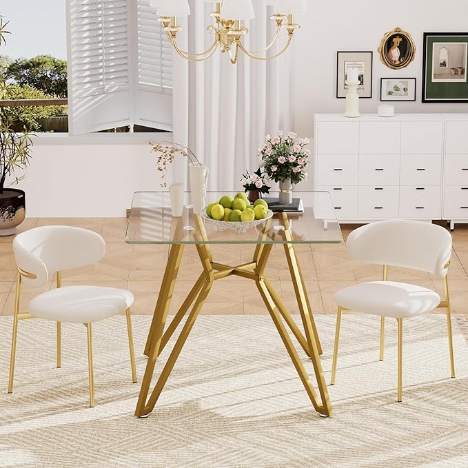 SSLine 35.4" Square Glass Dining Table for 2-4 Modern Clear Glass Tabletop Kitchen Table for 4 Luxury Dinner Tables with Gold Nest Metal Base for Home Kitchen Dining Room(Table Only)