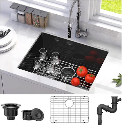 YITAHOME Black Kitchen Sink 23in Undermount Single Bowl Stainless Steel Nano Gunmetal Black Bar Sink with Accessories for Workstation, Prep Kitchen 23 x 18 x 9in