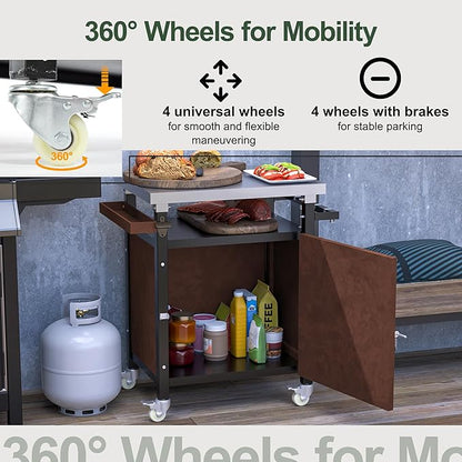 Modern Dining Table Outdoor Grill Cart with Stainless Steel Tabletop Patio Kitchen Island Wheels Hooks Spice Rack Waterproof Movable Wood Console,Brown