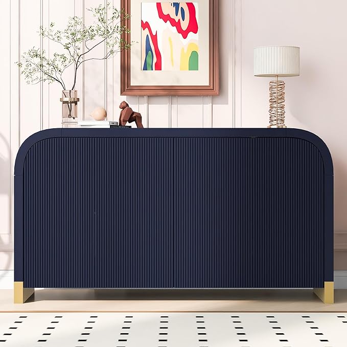 Merax Sideboard Buffet Cabinet with Storage Adjustable Shelves & Unique Curved Corner, Wavy Door Panel Accent Wood Console Table for Coffee Bar, Living Room and Entrance, Easy Assembly, Navy Blue
