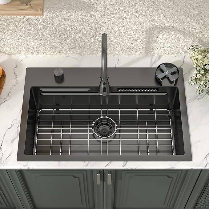Lordear 31 Inch Drop In Waterfall Kitchen Sink with Faucet 31x20 Black Kitchen Sink Ledge Workstation Gunmetal Black 16 Gauge Single Bowl Topmount Handmade Sinks with Cup Washer