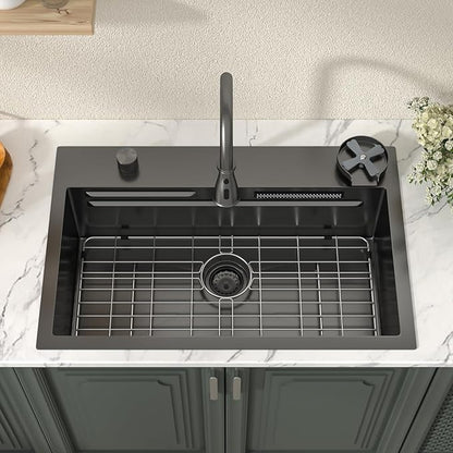 Lordear 31 Inch Drop In Waterfall Kitchen Sink with Faucet 31x20 Black Kitchen Sink Ledge Workstation Gunmetal Black 16 Gauge Single Bowl Topmount Handmade Sinks with Cup Washer
