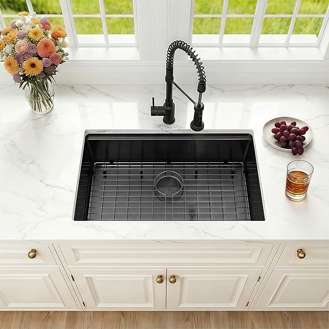 27 Inch Black Undermount Kitchen Sink,16 Gauge Stainless Steel Kitchen Sink Single Bowl, 27"x19"x9" Undermount Sink Ledge Workstation Sinks With All Accessories, Multi-Functional Sinks