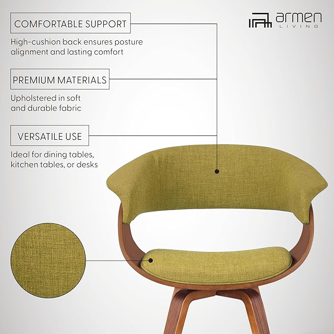 Armen Living Summer Modern Chair in Green Fabric and Walnut Wood - Set of 2