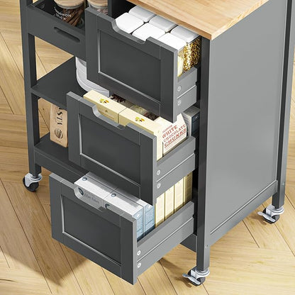 DWVO Solid Wood Top Rolling Kitchen Island Cart, 3 Tier Mobile Kitchen Storage Island Cart with 3 Drawers and 3 Opening Storage Shelves for Kitchen & Dining Area, Gray