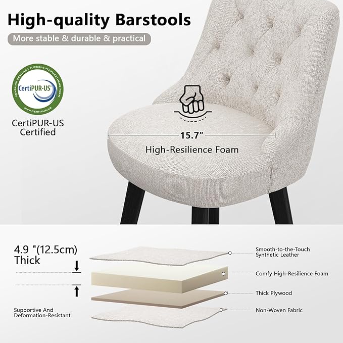 Vipbear Swivel Bar Stools Set of 2, Updated Thickened Upholstered Fabric Counter Height Barstools with Backs, Solid Wood Legs, 26" Modern Bar Height Stools for Kitchen Island, Dining Room, Dark Beige