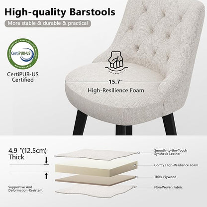 Vipbear Swivel Bar Stools Set of 2, Updated Thickened Upholstered Fabric Counter Height Barstools with Backs, Solid Wood Legs, 26" Modern Bar Height Stools for Kitchen Island, Dining Room, Dark Beige