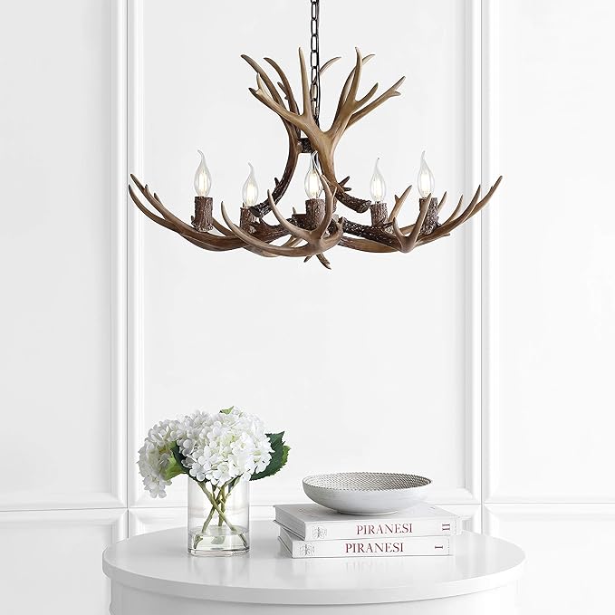 JONATHAN Y 30" Brown Rustic Resin Antler 5-Light LED Chandelier, Farmhouse Faux Deer Horn Hanging Ceiling Light for Dining Room, Kitchen Island, Adjustable Light Fixture (JYL6300A)