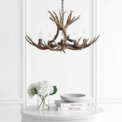 JONATHAN Y 30" Brown Rustic Resin Antler 5-Light LED Chandelier, Farmhouse Faux Deer Horn Hanging Ceiling Light for Dining Room, Kitchen Island, Adjustable Light Fixture (JYL6300A)