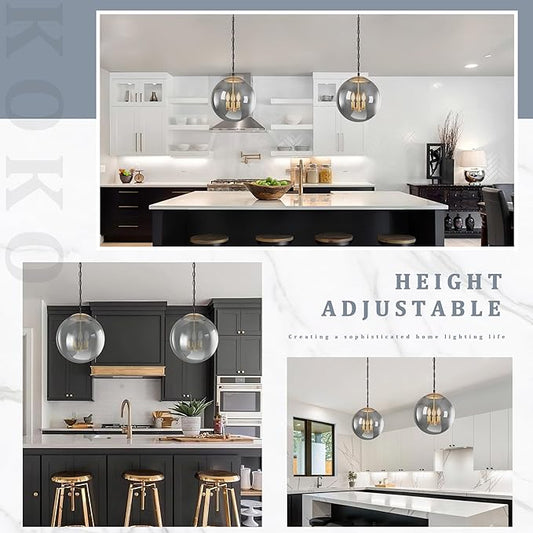 KoKo&Yukina 13.7 Inch Globe Pendant Light Adjustable Gold Globe Pendant Lights Kitchen Island Mid Century Light Fixture with Grey Glass Shade for Living Room