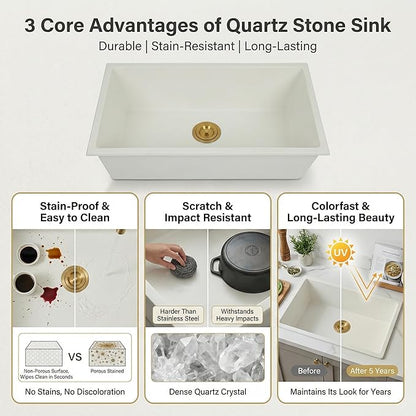 MILOSEN White Undermount Kitchen Sink, 31"x18" Granite Composite Single Bowl Kitchen Sinks, 9" Deep Large Undermount/Drop In Sink with Gold Accessories, White Quartz Kitchen Sinks for Modern Kitchen